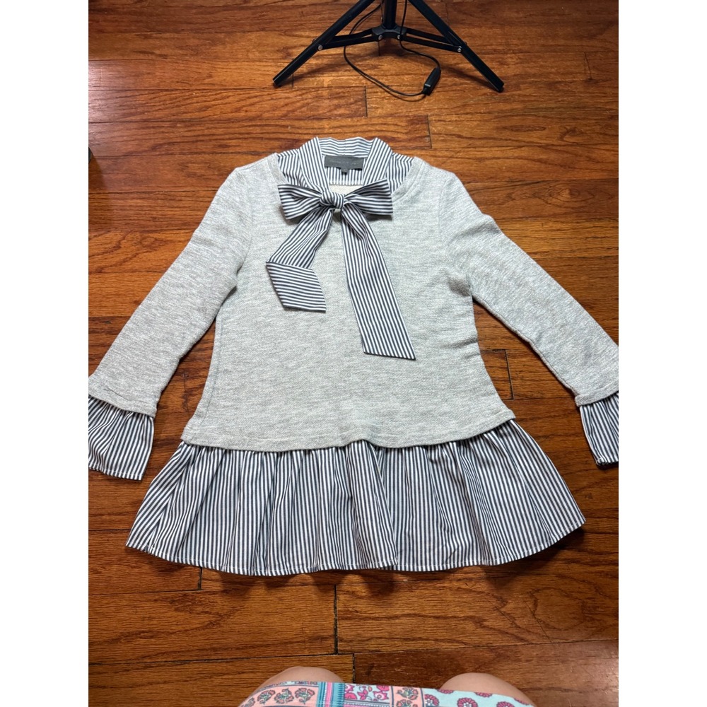 Sunday in Brooklyn Grey Knit Striped Bow Peplum Top Small Mixed Media Preppy